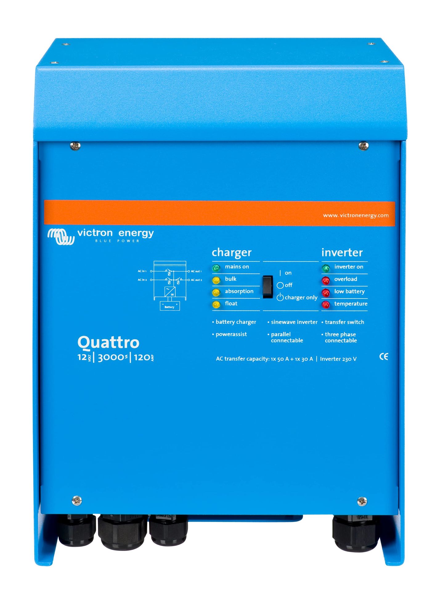 quattro-12-3000-120-50-30-front-300dpi Victron İnvertör/Şarj Cihazı Quattro 12/3000/120-50/50 Inverter/Charger (QUA123020010) - Görsel 1
