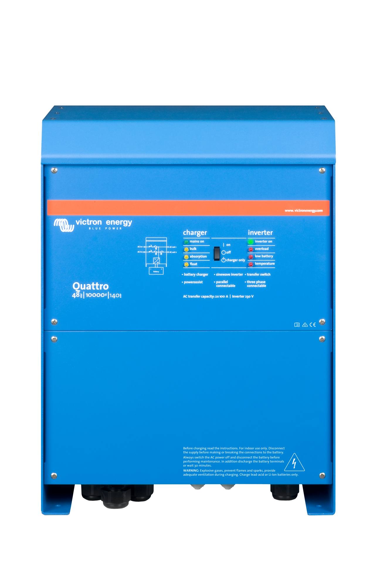quattro-48v-10000va-140a-230v-front Victron İnvertör/Şarj Cihazı Quattro 48/10000/140-100/100 Inverter/Charger (QUA481030010) - Görsel 1
